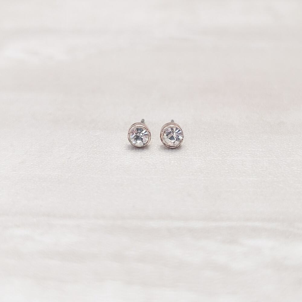 Vintage Stud Earrings 3/16" Clear Gem & Gold Tone Round Studs - Fair Condition